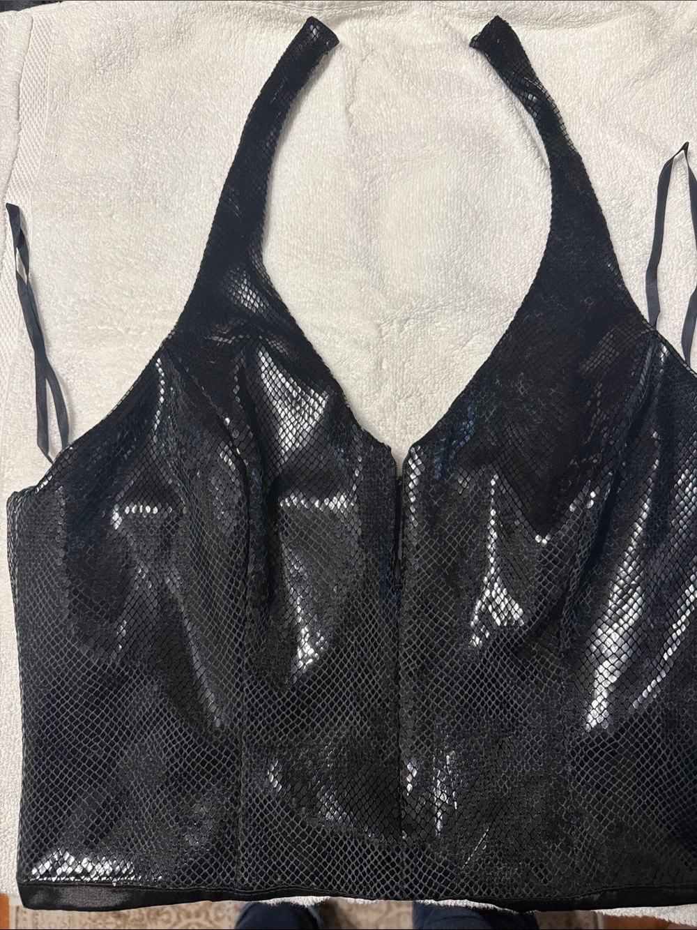 Black Shiny Lace-Pattern Bandeau Halter Top